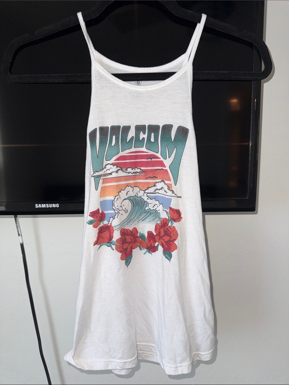 Volcom White Tank with Teal Logo, Red Floral & Sunset Graphic